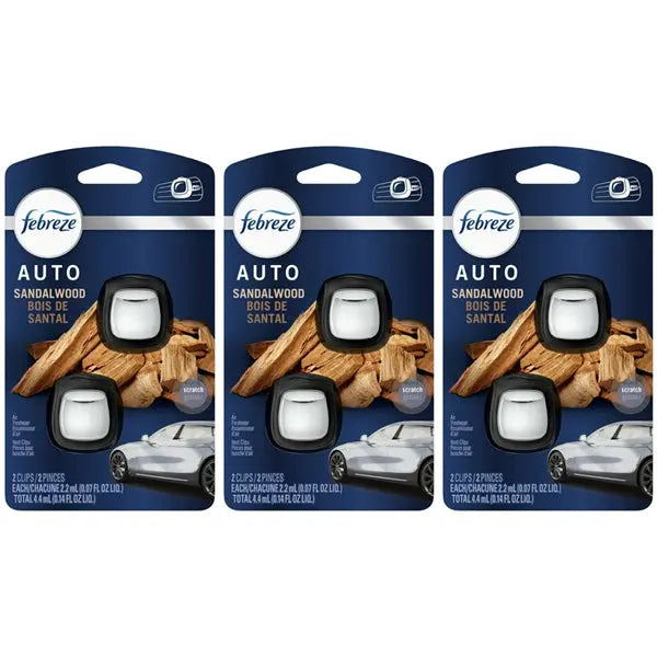 Three packs of Febreze Auto Car Air Freshener Vent Clips, sandalwood scent (2 per pack), are shown in packaging with wood and car images.